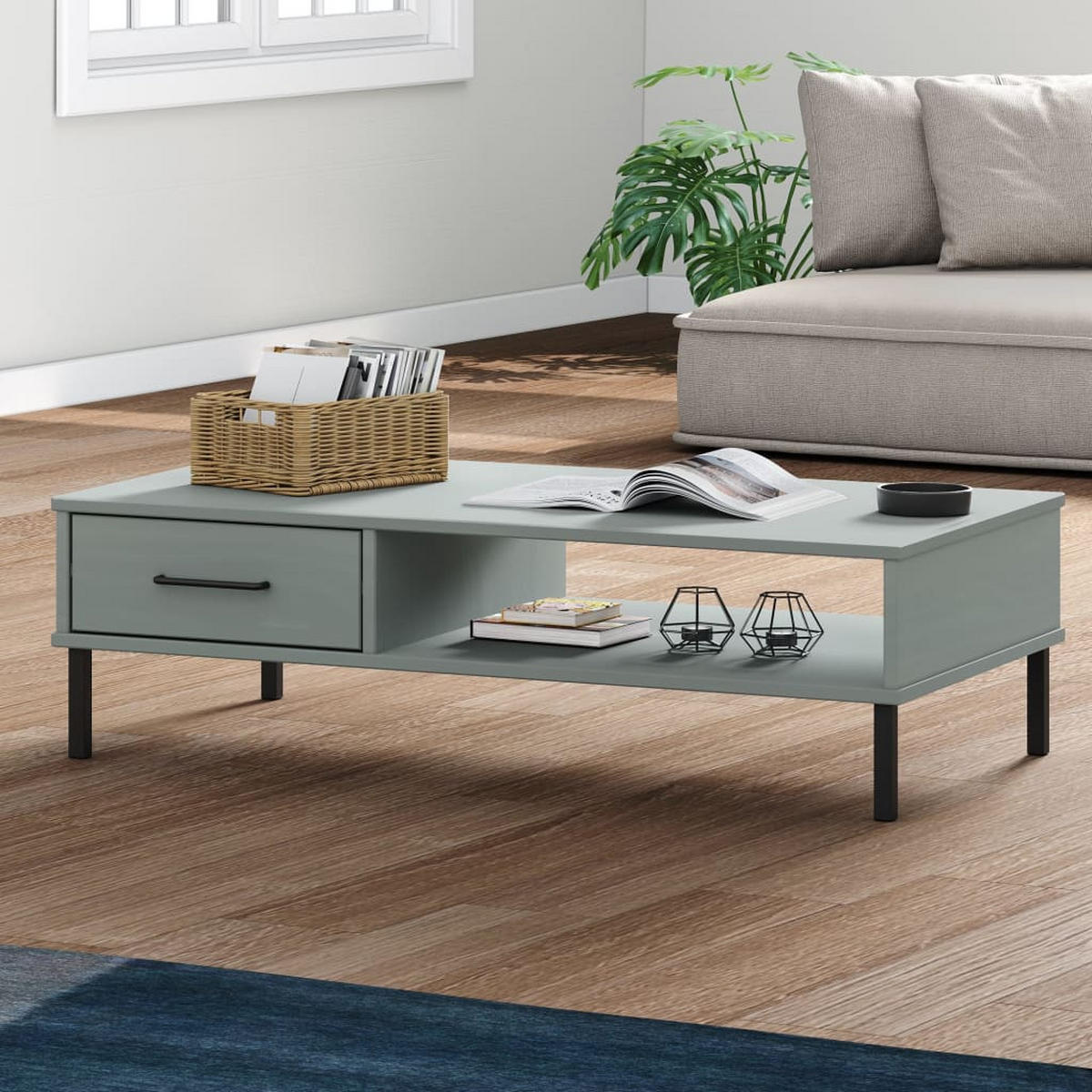 COUCHTISCH OSLO mit Metallbeinen Grau Massivholz Kiefer - Grau, Holz (100/55/29cm) - furnicato