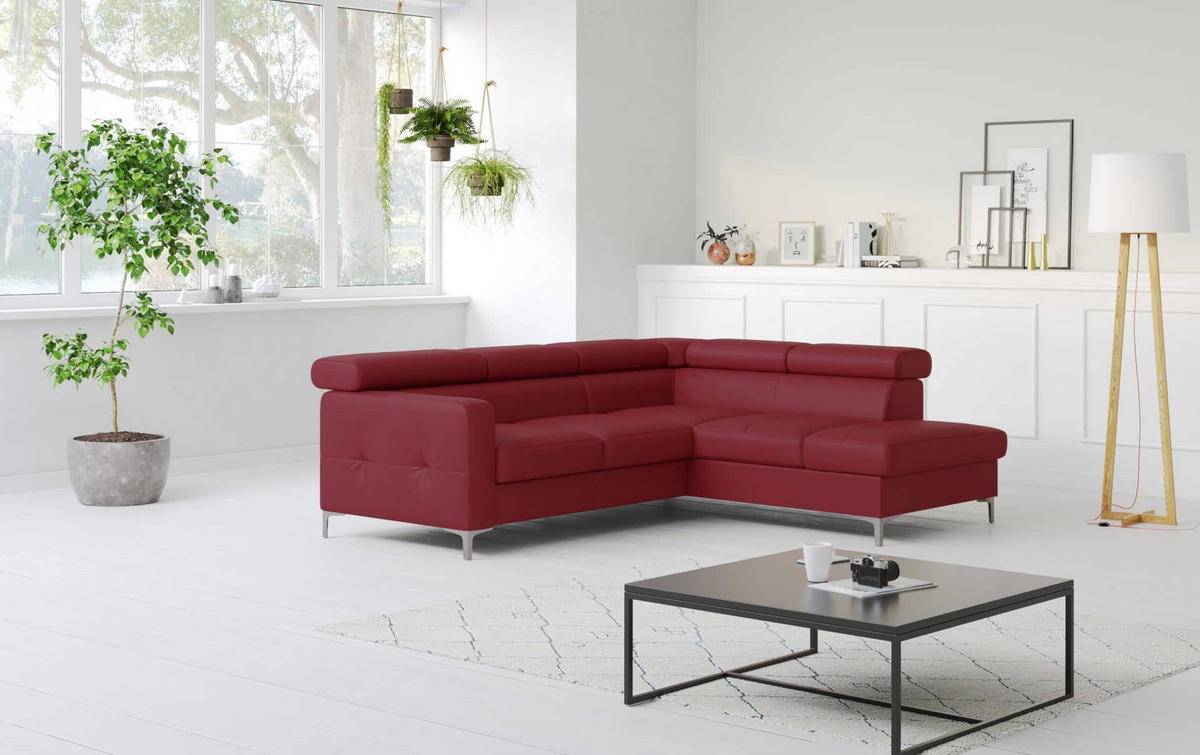 ECKSCHLAFSOFA aus Echtleder mit Schlaffunktion und Bettkasten - Chromfarben/Rot, Leder/Holz (207/242cm) - Cotta