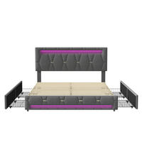 POLSTERBETT 140x200 cm, mit LED-Lichtleiste und Schubladen, Lattenrost, Leinen, Grau, ohne Matratze - Grau, Holz (140/200cm) - WoodenAura