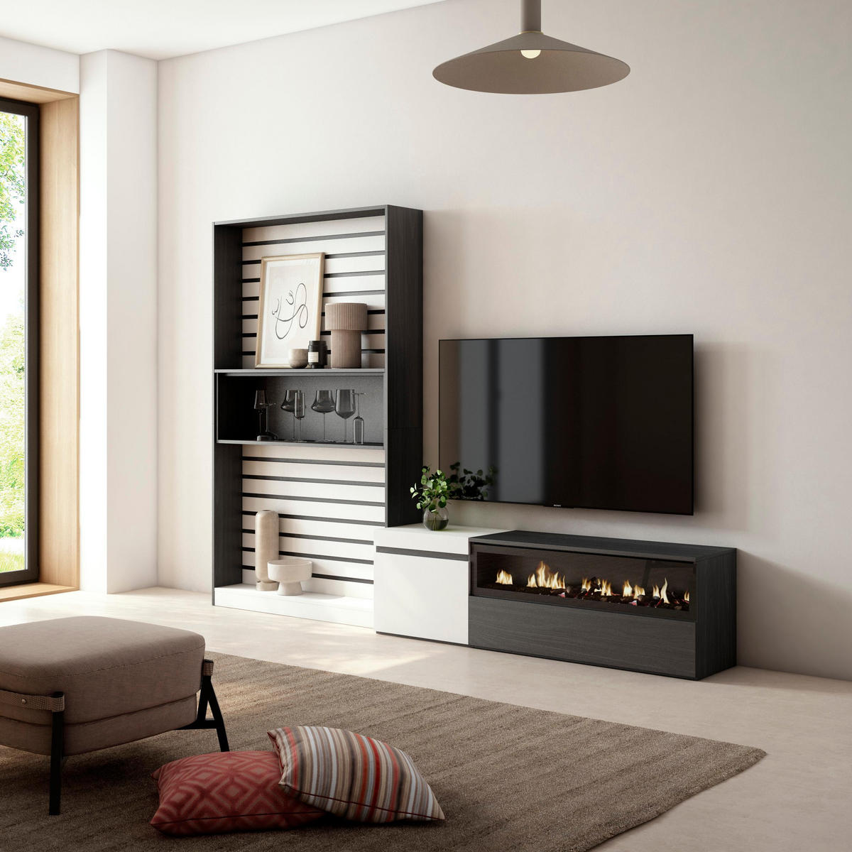 WOHNWAND Elektrokamin, weiß, schwarz, 260/35/186cm - Multicolor/Schwarz, Holzwerkstoff (260/186/35cm) - Skraut Home