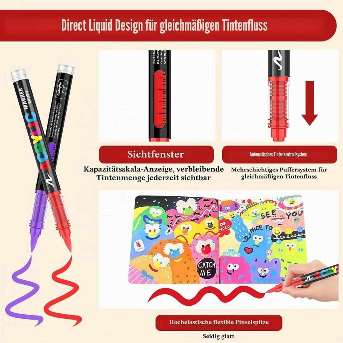 ACRYLSTIFTE Set 120 Farben mit flexibler Pinselspitze - Multicolor, Kunststoff (14/7/30cm)