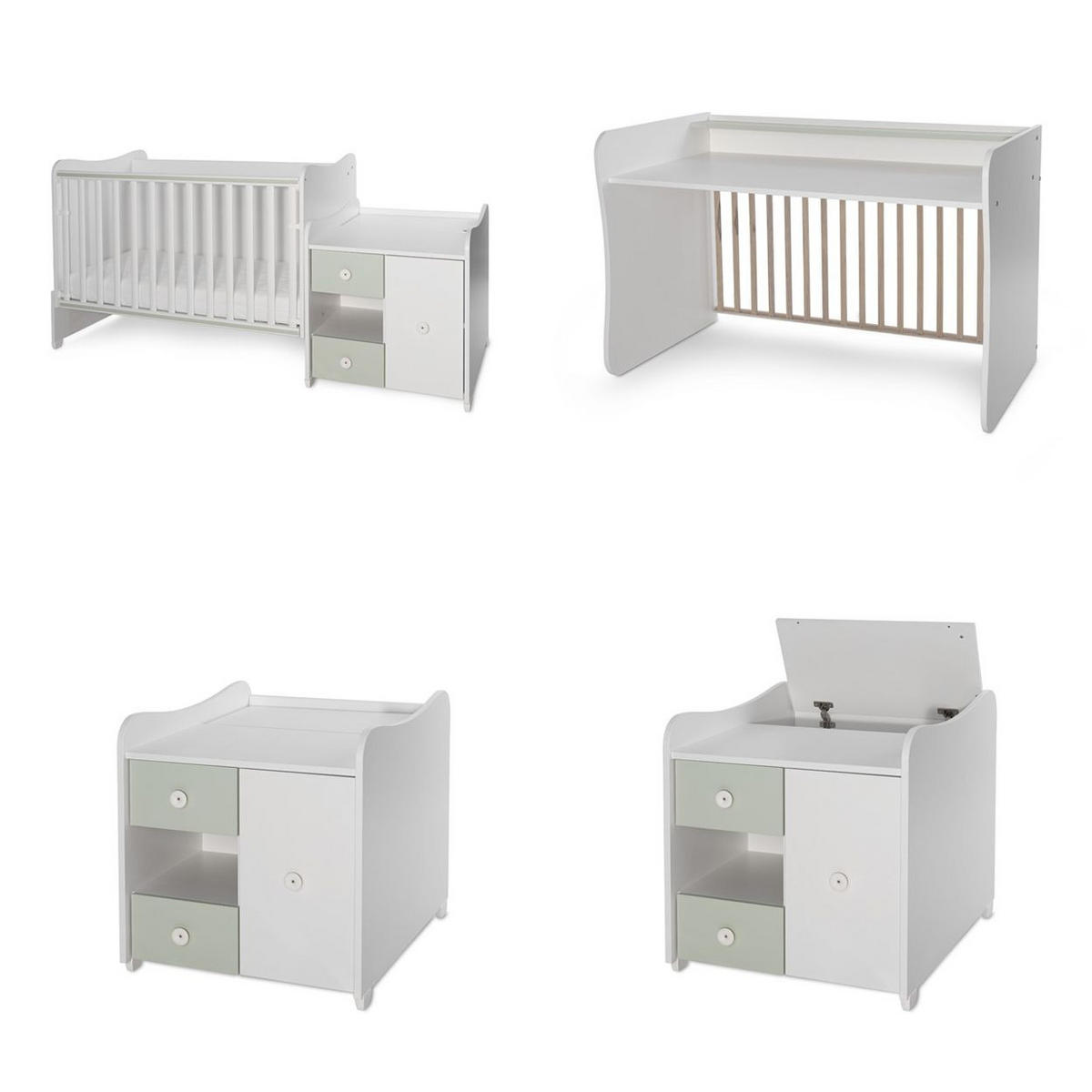 BABYBETT Mini Max 3 in 1 grün 120 x 60 cm, Jugendbett 190 x 72 cm, Wickelkommode, Schaukelfunktion - Grün, Holzwerkstoff (72/190cm) - Lorelli