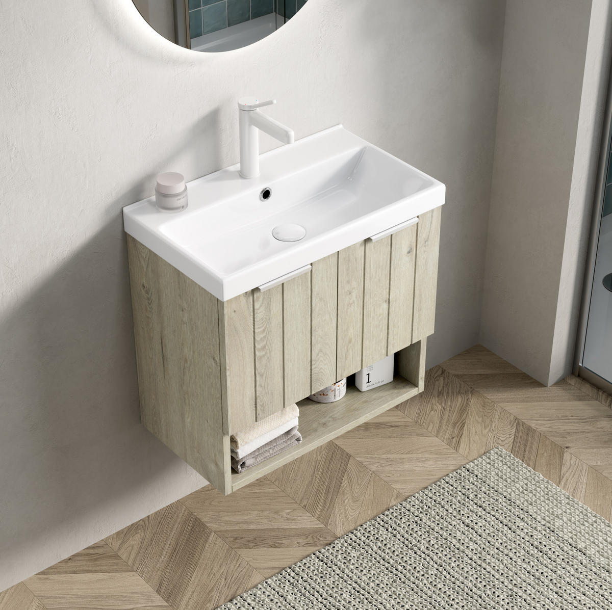 KOMPAKTE Waschtischkombi 55 cm in Eiche/Weiß mit Soft-Close und offenem Fach - Creme, Keramik (55/53/32cm) - BEAOK