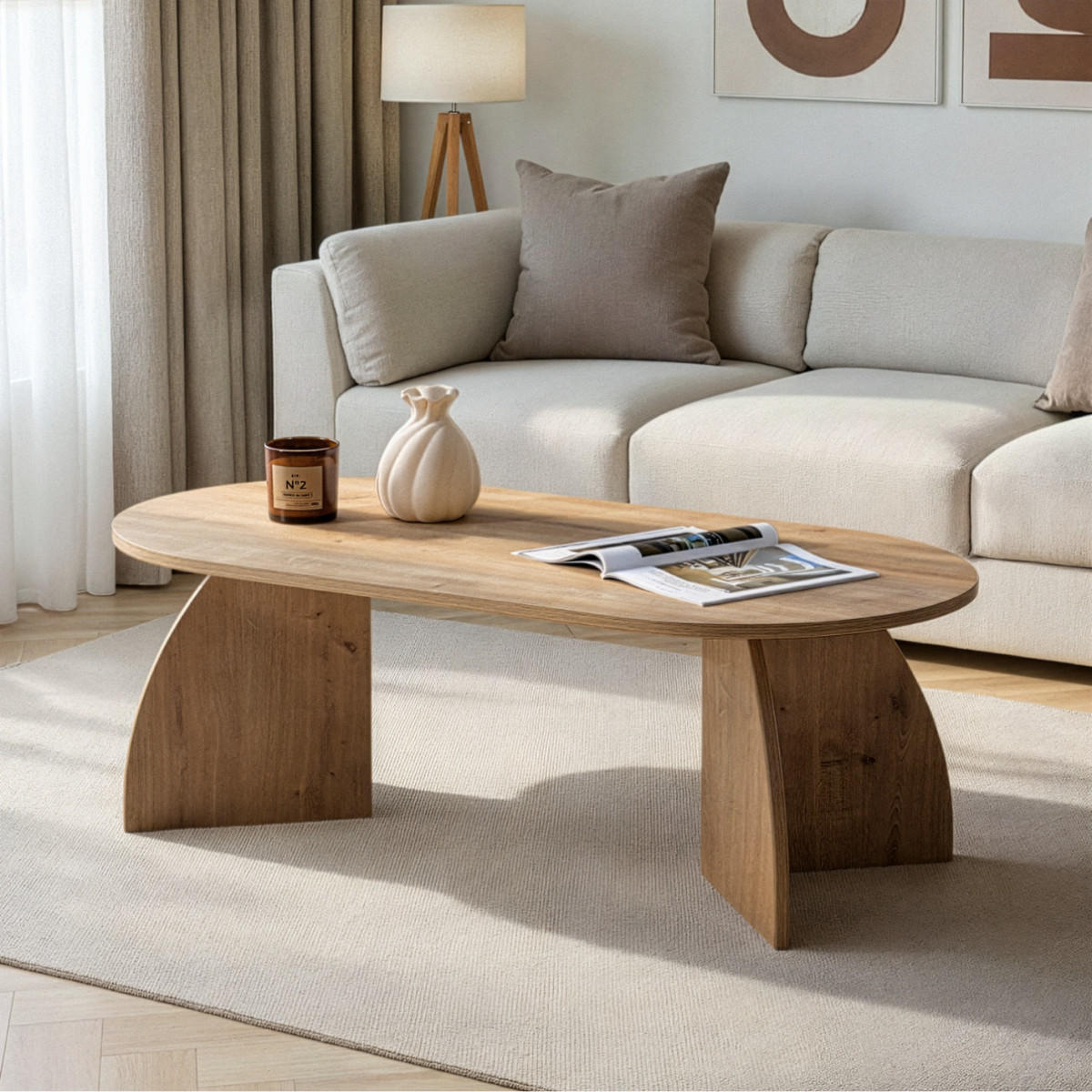 COUCHTISCH mit ovaler Tischplatte und geschwungenen Beinen 120/60/40 cm - Eichefarben, Holzwerkstoff (6.8/60/40cm) - Calicosy