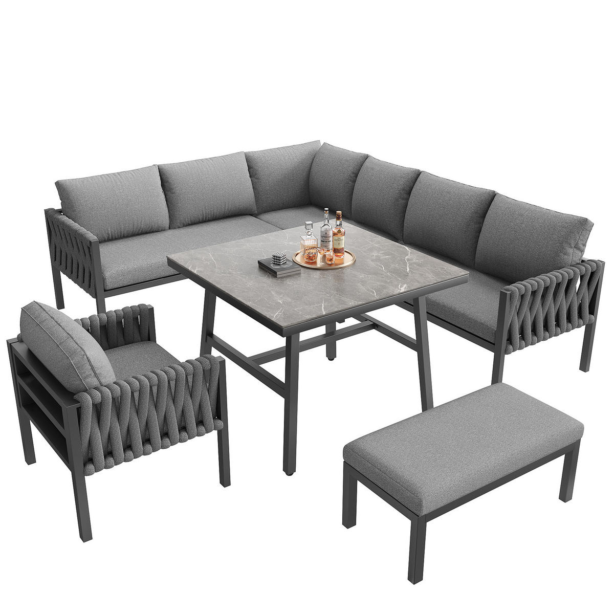 GARTENMÖBEL-SET Grau 5-teilig mit Ecksofa & Seilgeflecht - Grau, Metall - PANGIVO
