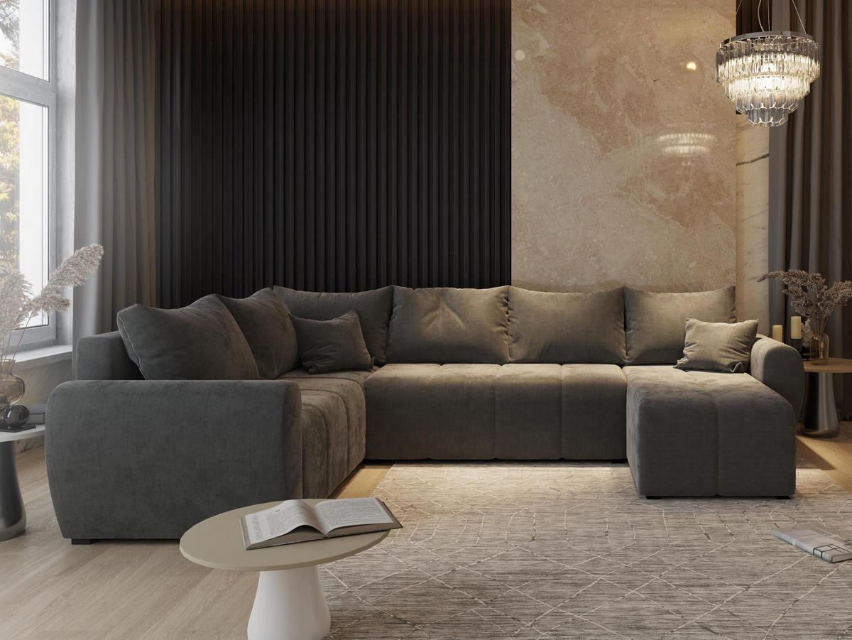 WOHNLANDSCHAFT MADISON XL L-S Schwarz Dünner Stoff mit Schlaffunktion - Schwarz, Holz (303/82/208cm) - MASSENO
