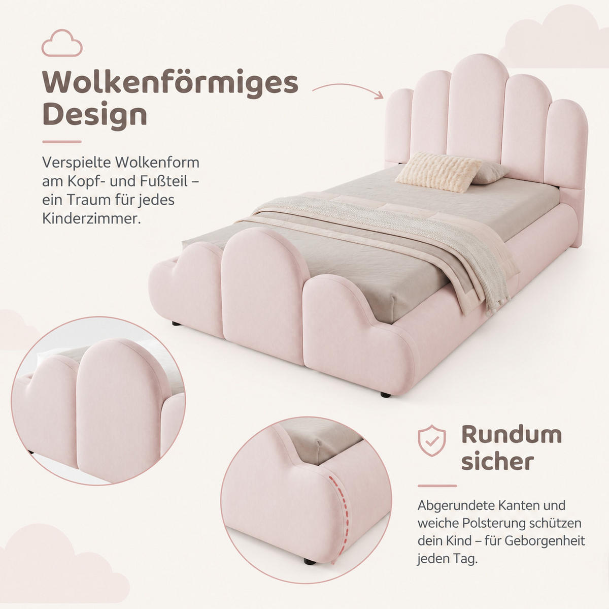 BETT 90/200 cm in Rosa aus Samt mit gepolstertem Kopfteil - Pink, Textil (90/200cm) - Flora Grace