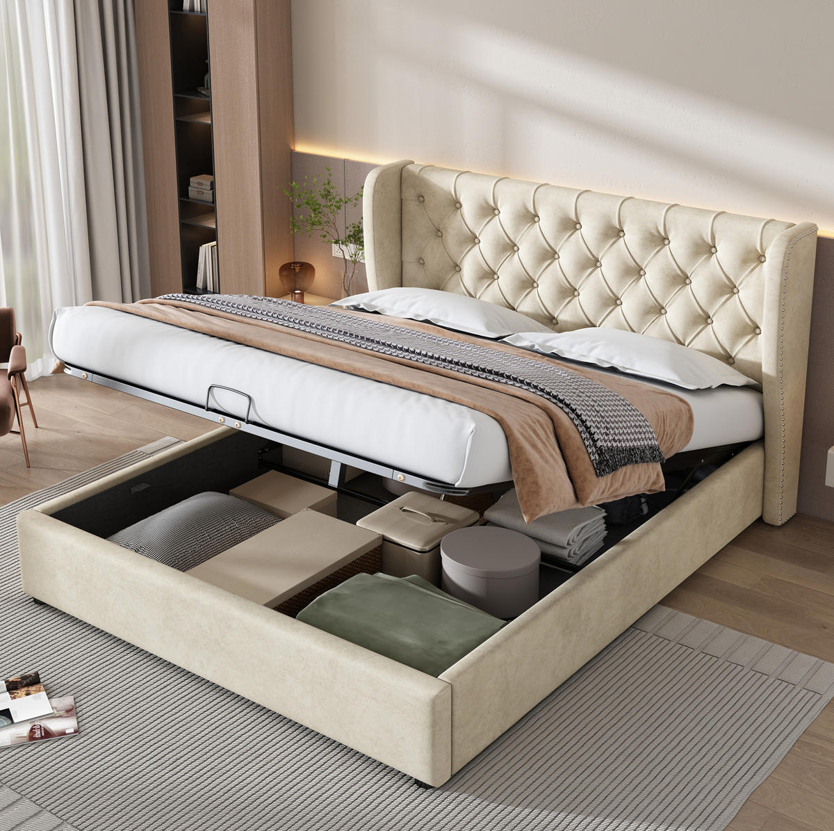 POLSTERBETT 160/200 cm mit hydraulischem Bettkasten, Chesterfield-Kopfteil und Samtbezug, Beige - Beige, Textil (160/200cm) - Redom