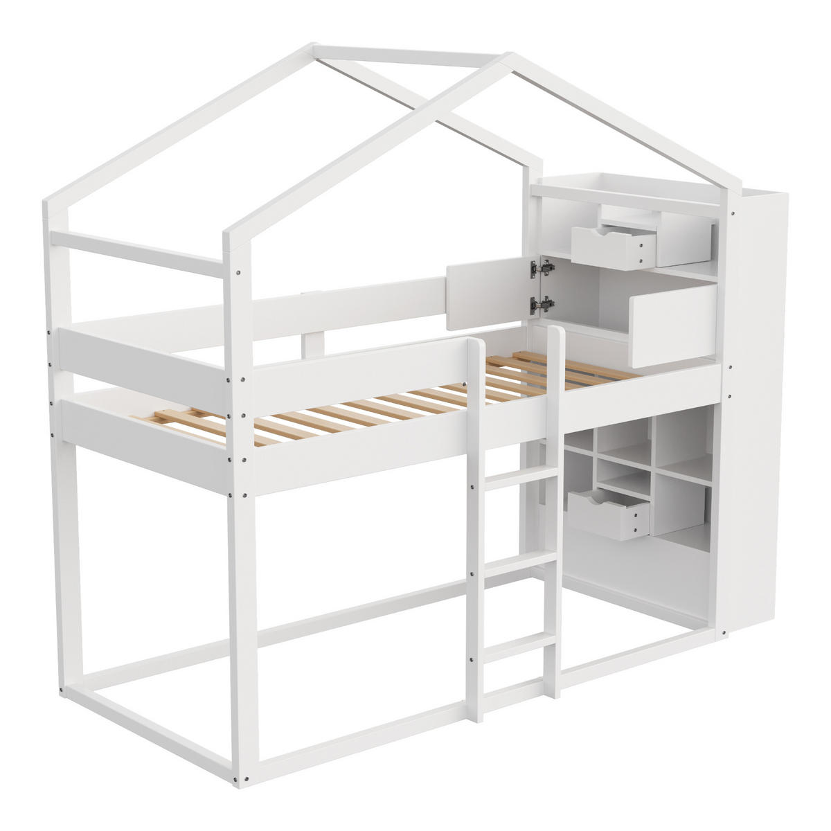 ETAGENBETT 90/200 cm weiß aus Massivholz mit Stauraum am Kopfteil - Weiß, Holz (90/200cm) - OKWISH