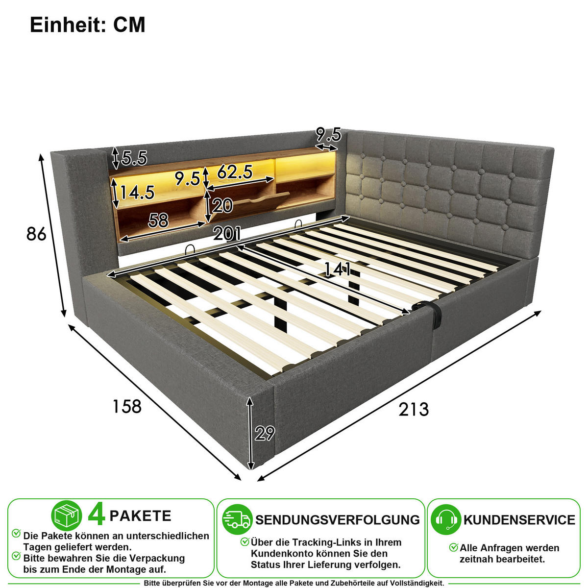 POLSTERBETT 140/200 cm in Grau Leinen mit Bettkasten mit Stauraum, LED und Matratze - Grau, Holzwerkstoff/Textil (140/200cm) - CHICFURN