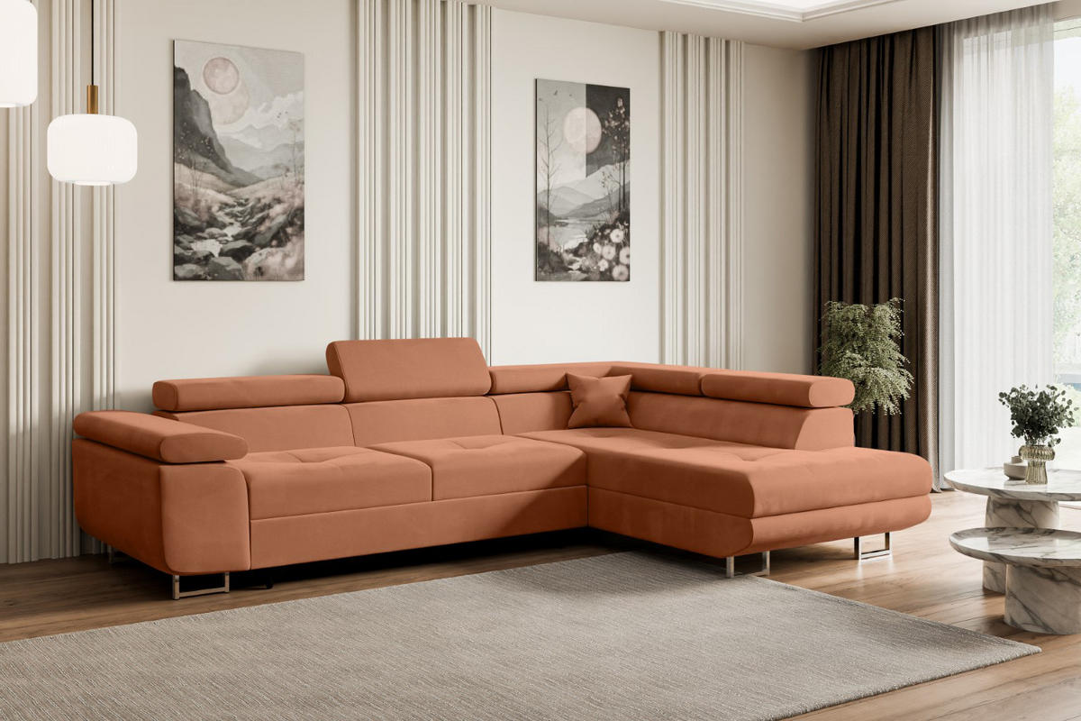 ECKSOFA mit Schlaffunktion und Bettkasten GUSA-L 272x202x107 cm Koralle Velours - Koralle/Silberfarben, Holzwerkstoff/Textil (272/202cm) - ALTDECOR
