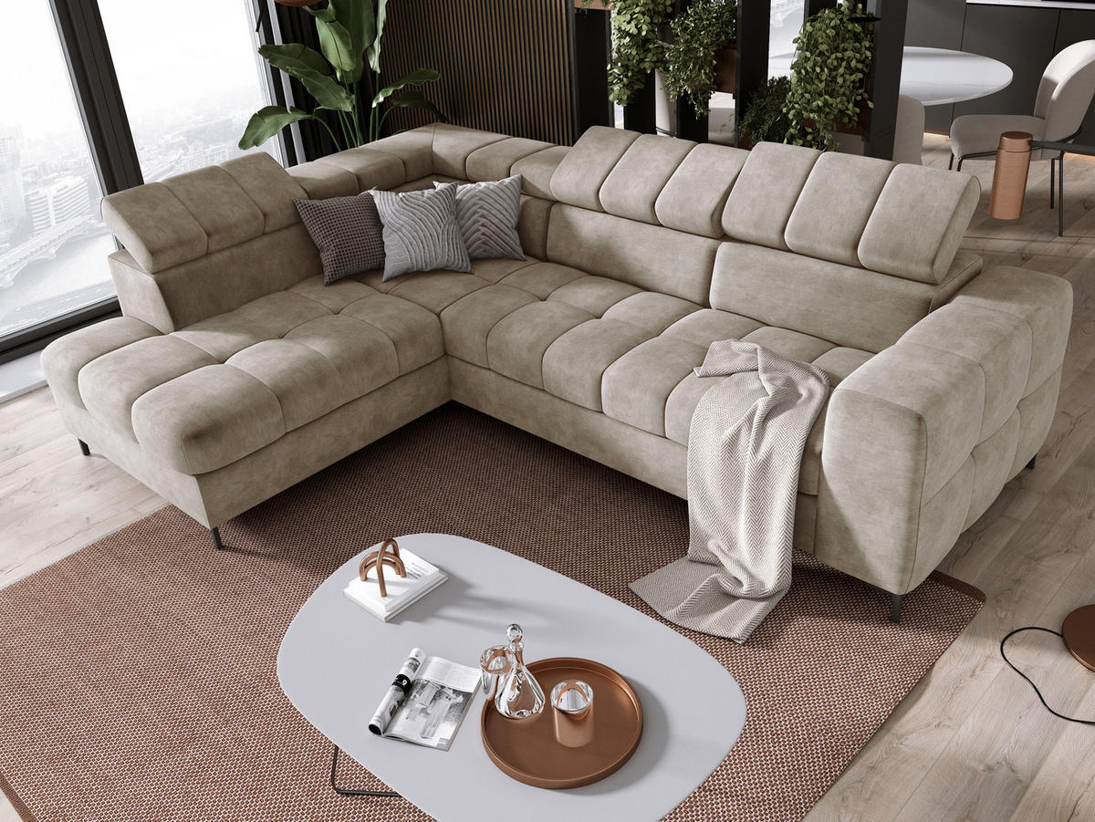 ECKSOFA PABLO CLOUD L‑förmig mit Bett, Bettkasten, verstellbaren Kopfstützen, weichen Metallfüßen, freistehend, LINKS, 201x270x97 cm Beige - Beige, Holz/Textil (201/270cm) - DomoHome