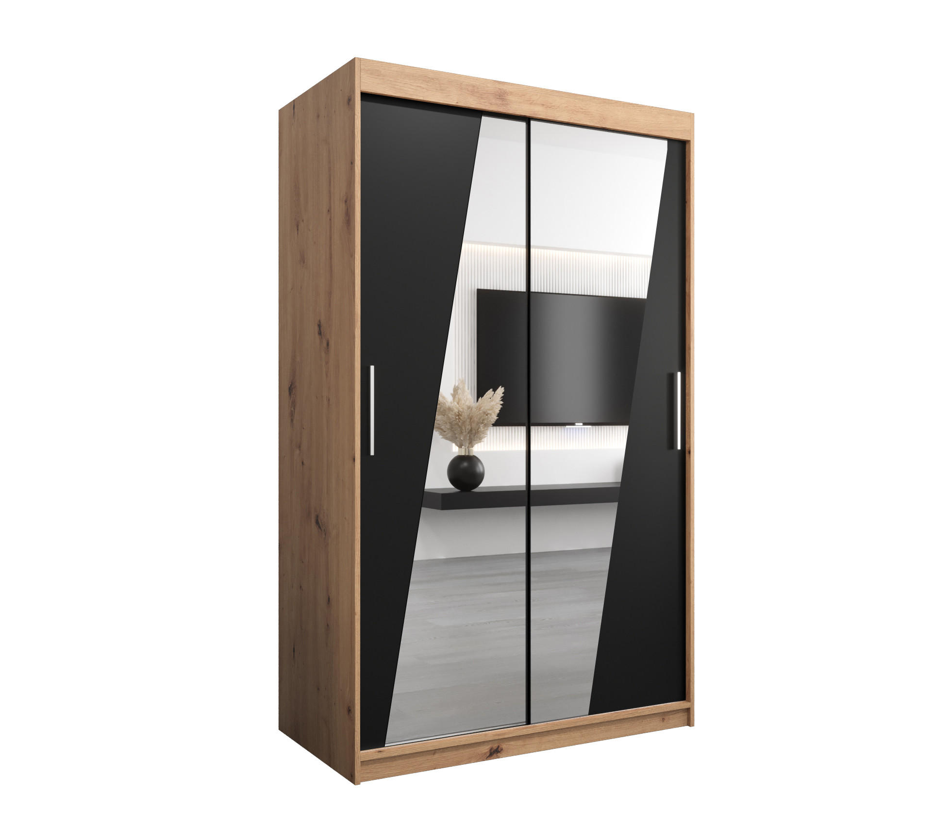 Abiks Möbel Schwebetürenschrank Eiche Artisan, Schwarz 120x200x62 cm