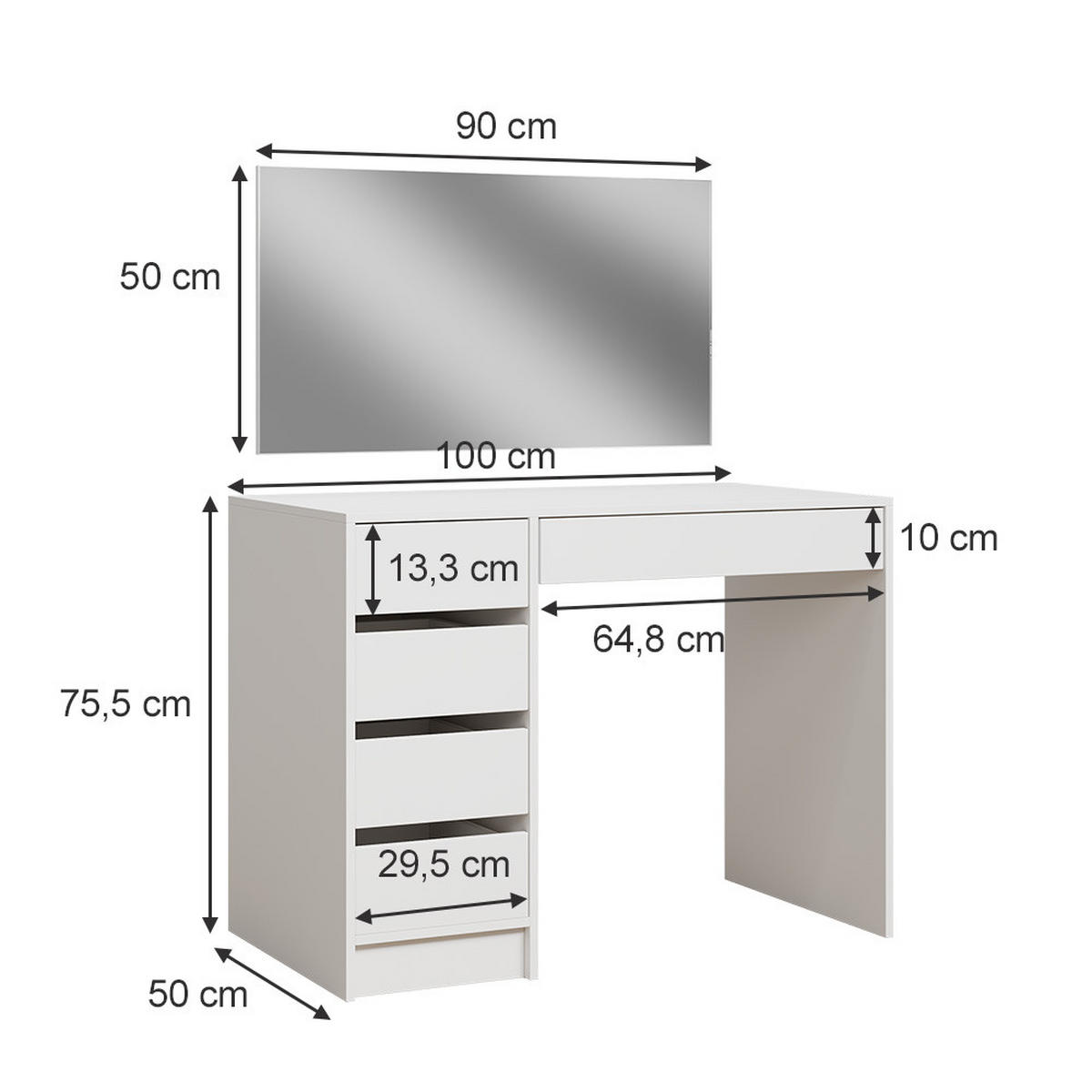 SCHMINKTISCH Thalia Weiß 100 cm mit 5 Schubladen - Weiß, Holzwerkstoff (100/75.5/50cm) - Vicco