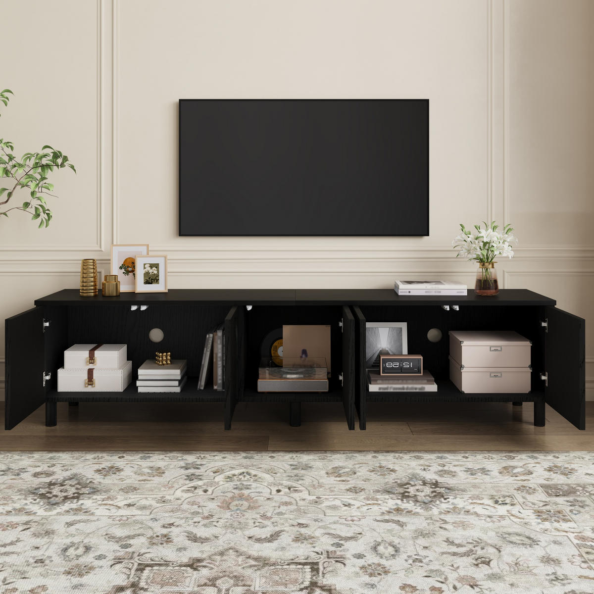 LOWBOARD in Schwarz TV-Schrank mit Metallfüße und 5 Türen, 180 L / 38 B / 45H, für Wohnzimmer - Schwarz, Holzwerkstoff/Metall (180/45/38cm) - STILVORA