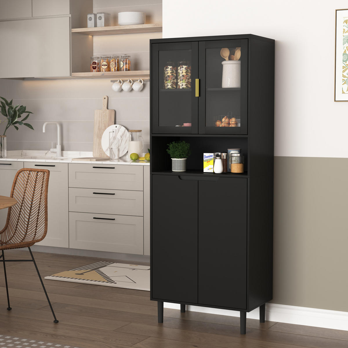 HOCHSCHRANK mit Glastüren, verstellbarem Einlegeboden und Kippschutz, vielseitiger Stauraum, Schwarz - Schwarz, Holzwerkstoff (60/160/35cm) - Redom