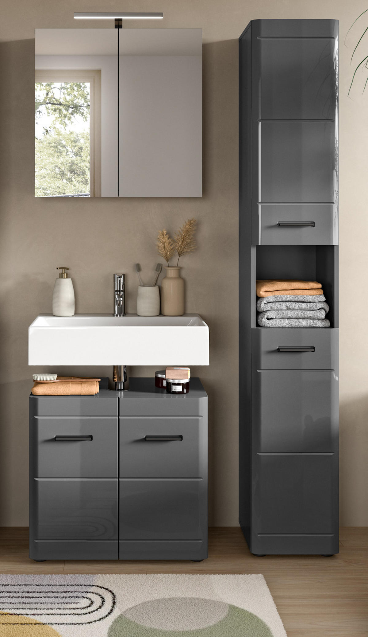 BADMÖBEL-SET grau Hochglanz 3-teilig, Komplettset mit Soft-Close - Grau, Glas/Holzwerkstoff (105/190/34cm) - Inn.Furn