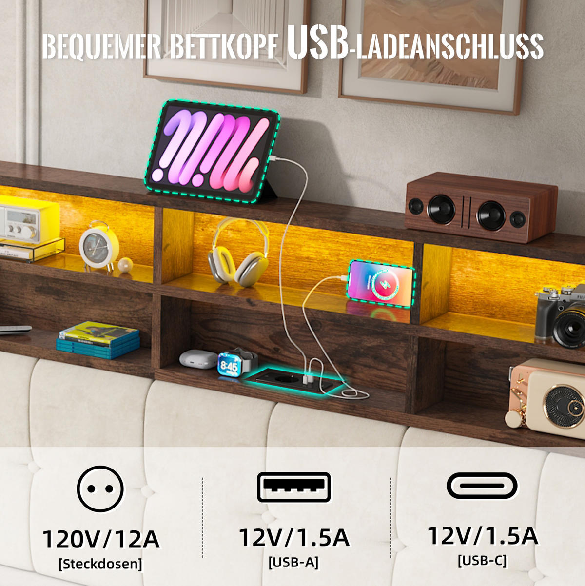 POLSTERBETT 160x200 cm in Beige mit Bettkasten, LED-Beleuchtung und USB-C-Anschluss - Beige, Metall (160/200cm) - IVMEU