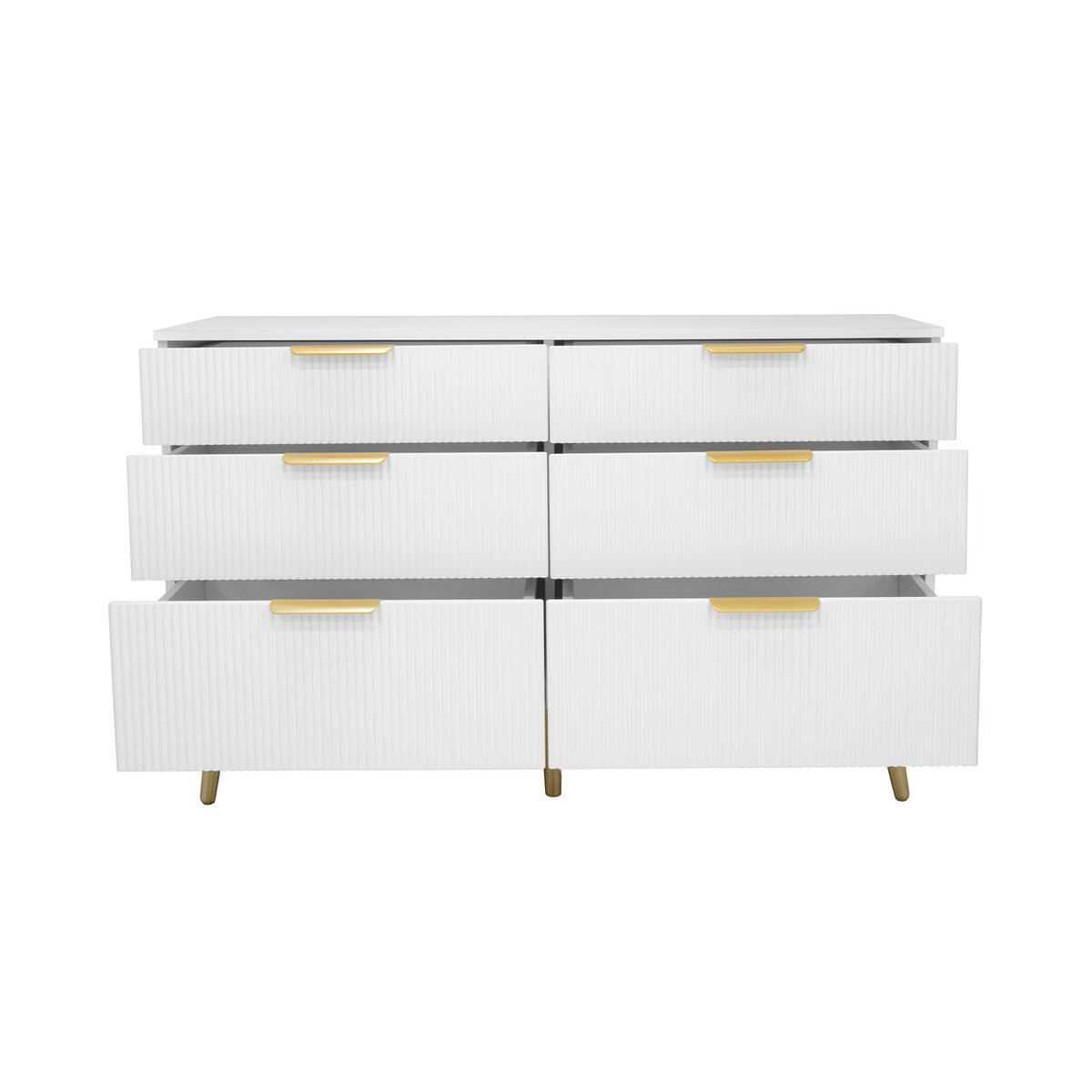 SIDEBOARD in Weiß Kommode mit 6 Schubladen und Holzoptik-Füßen für Wohnzimmer, Schlafzimmer und Flur, B120/T40/H76.5cm - Naturfarben/Weiß, Holzwerkstoff/Metall (120/76.5/40cm) - STILVORA