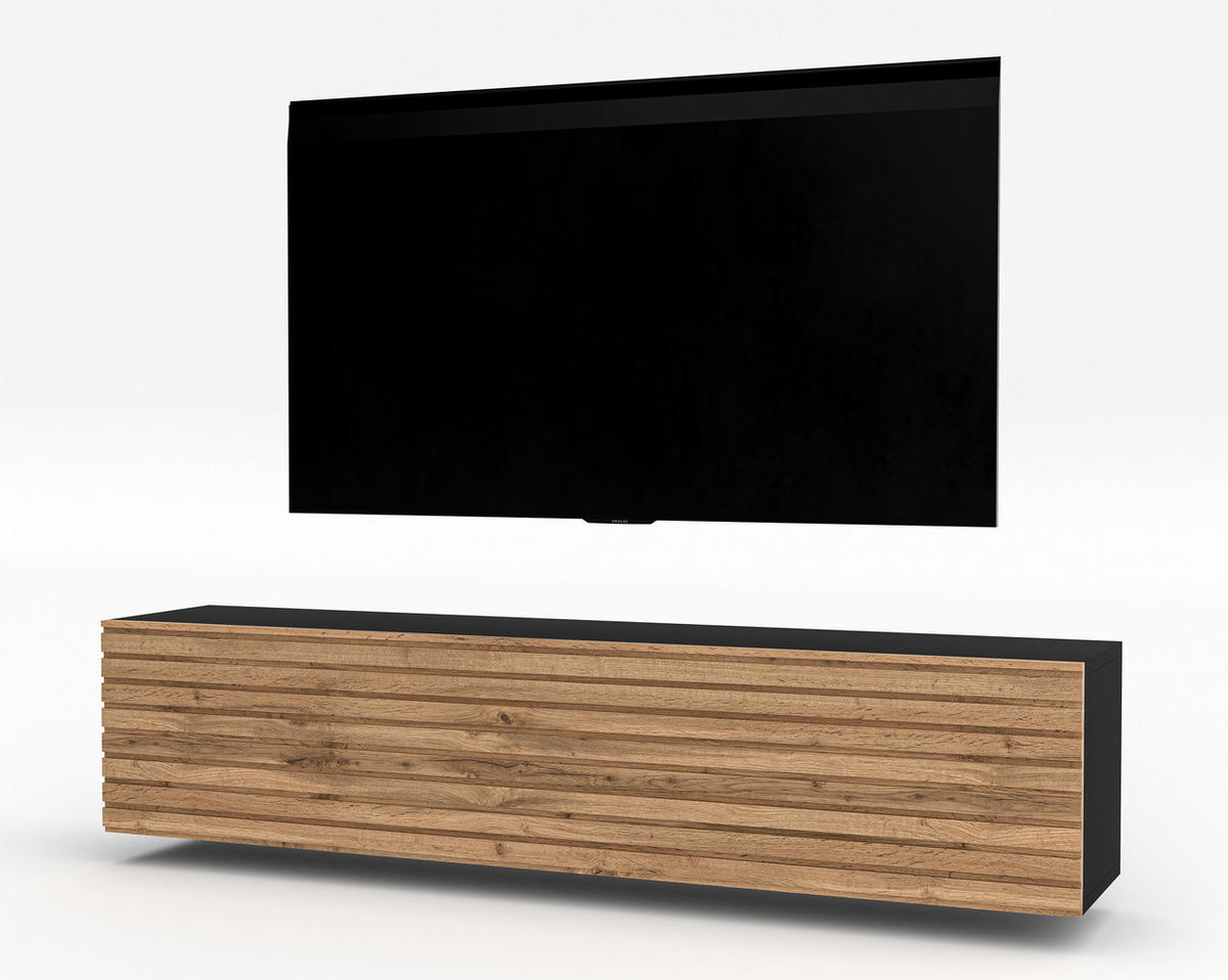 LOWBOARD ZIVOLLI 160 Schwarz, Wotan Lamellen 160/34/40 cm – TV-Hängeschrank mit Lamellenfront - Hellbraun/Schwarz, Holzwerkstoff/Kunststoff (160/34/40cm) - AX Living