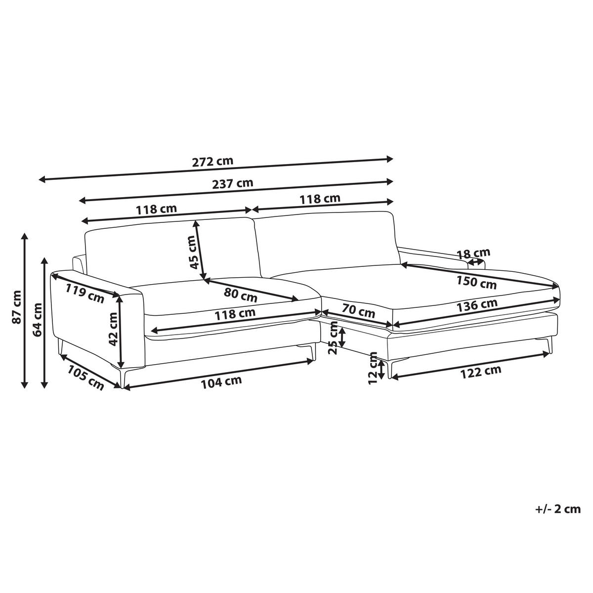 3-SITZER-ECKSOFA hellgrau rechtsseitig Maloy - Schwarz/Grau, Textil (272/189cm) - Beliani