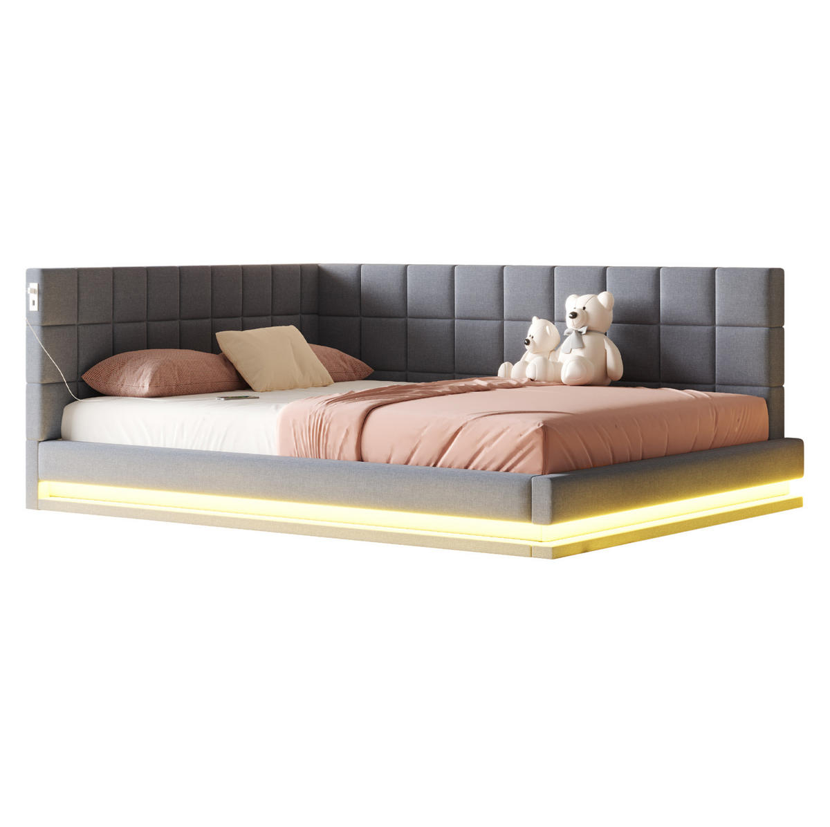 POLSTERBETT 160/200 cm Grau aus Leinen mit LED-Beleuchtung und USB-Anschluss - Grau, Textil (160/200cm) - OKMYHOME