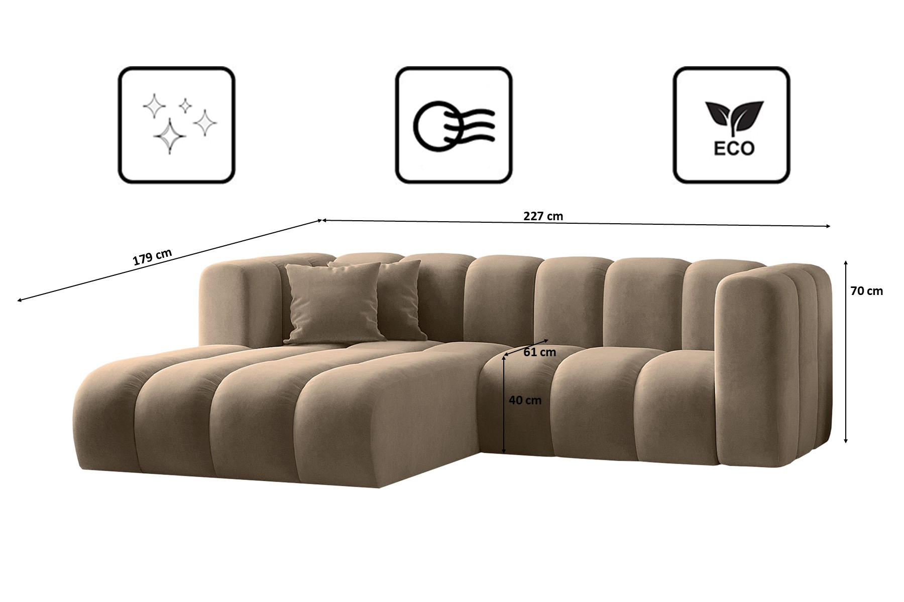 Thumbnail - Kaiser Möbel Ecksofa, Cappuccino, Holz, L-Form, 227x179 cm, Wohnzimmer, Sofas & Couches, Wohnlandschaften, Ecksofas