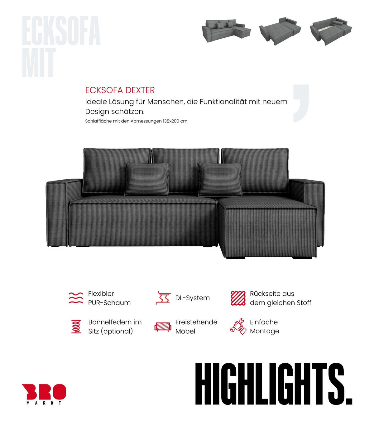 ECKSOFA Dexter mit Schlaffunktion Schwarz Cord - Schwarz, Textil (238/141cm) - Bromarkt