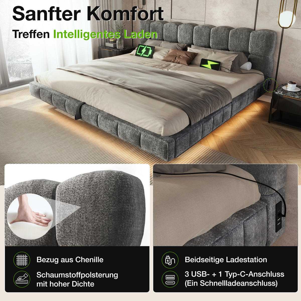 POLSTERBETT aus Chenille 140x190 cm Grau mit Bettkasten, LED und USB-/Typ-C-Anschlüssen - Grau, Textil (140/190cm) - Modfu