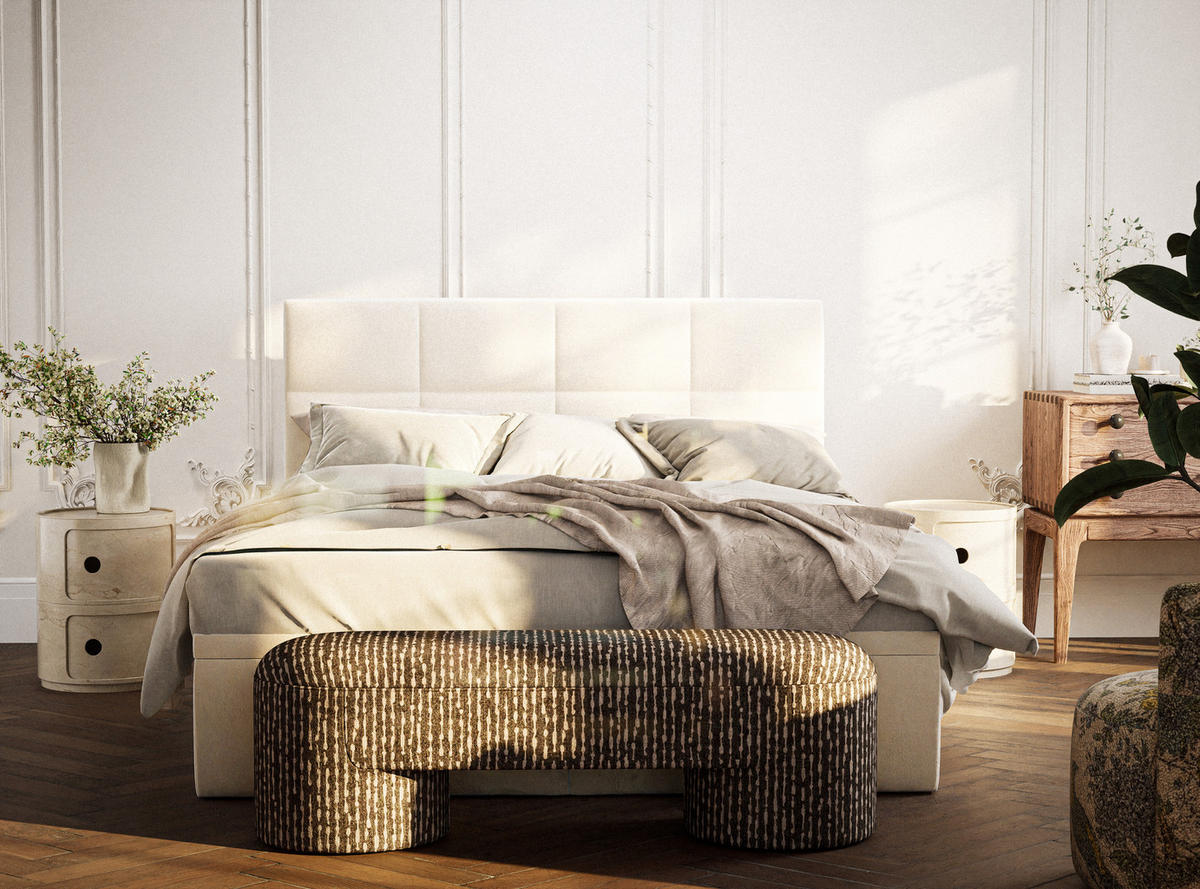 BOXBETT 140/200 cm Umage, in Hellbeige, Matratze, gepolstertes Kopfteil, Bettkasten, H3 = fest - Beige/Schwarz, Holz/Holzwerkstoff (140/200cm) - Maison de Reve