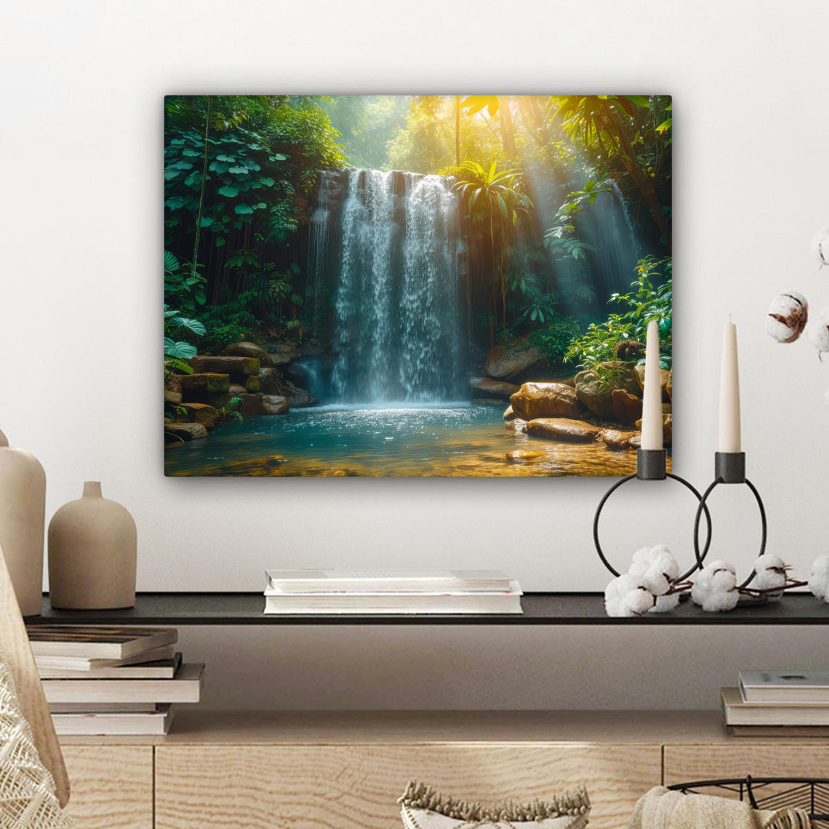 LEINWANDBILD Wasserfall - Dschungel - Sonne - Grün - Natur Wandbild 40x30 cm - Grün, Textil (40/30cm) - MuchoWow