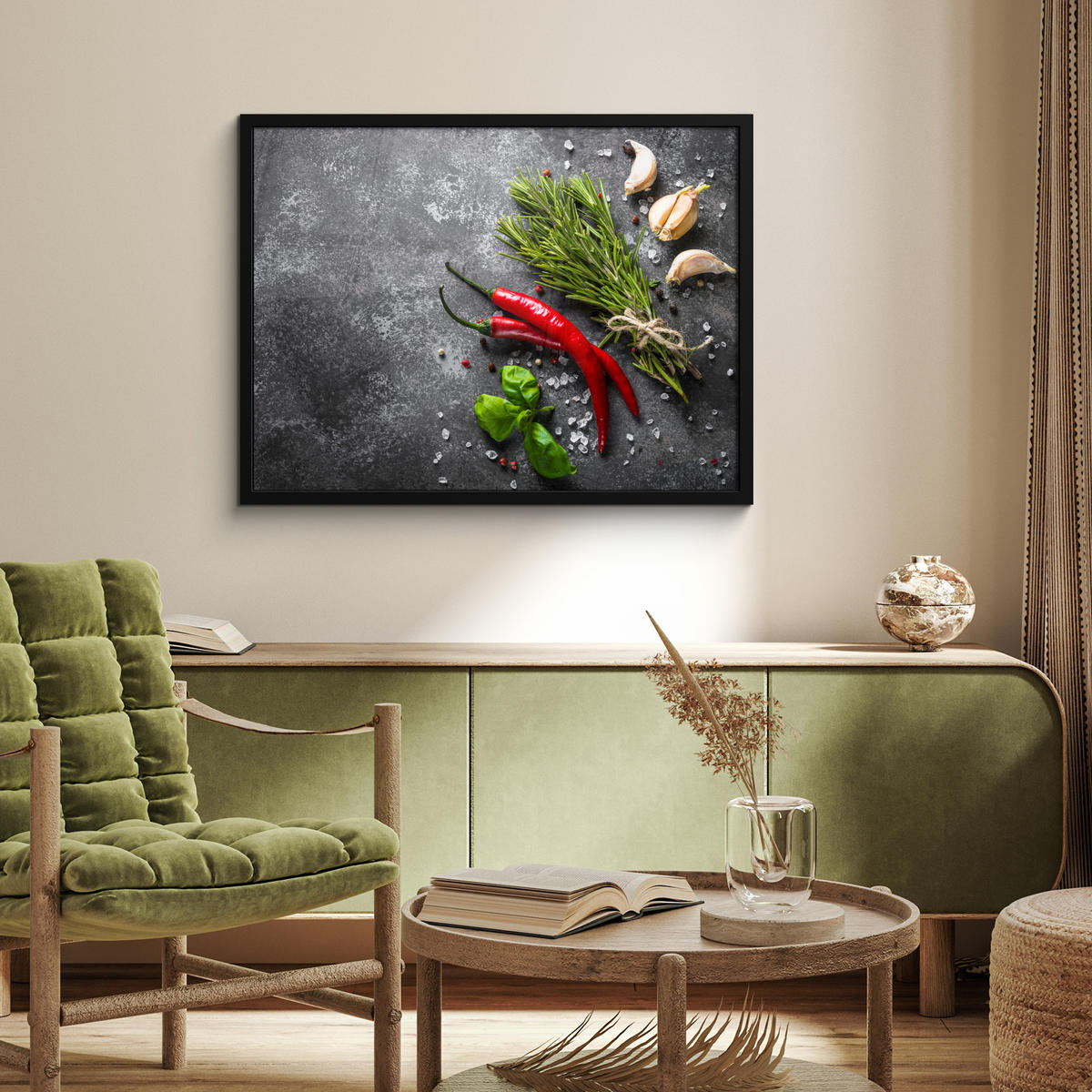 ZARÁMOVANÝ PLAGÁT Korenie - bylinky - korenie - betón 80x60 cm - tmavosivá, papier (80/60cm) - MuchoWow