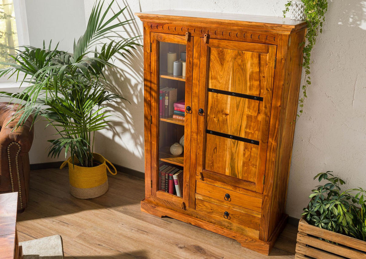 VITRINE Akazie 110x45x155 honig lackiert OXFORD #0425 - Braun, Holz (110/155/45cm) - Massivmoebel24