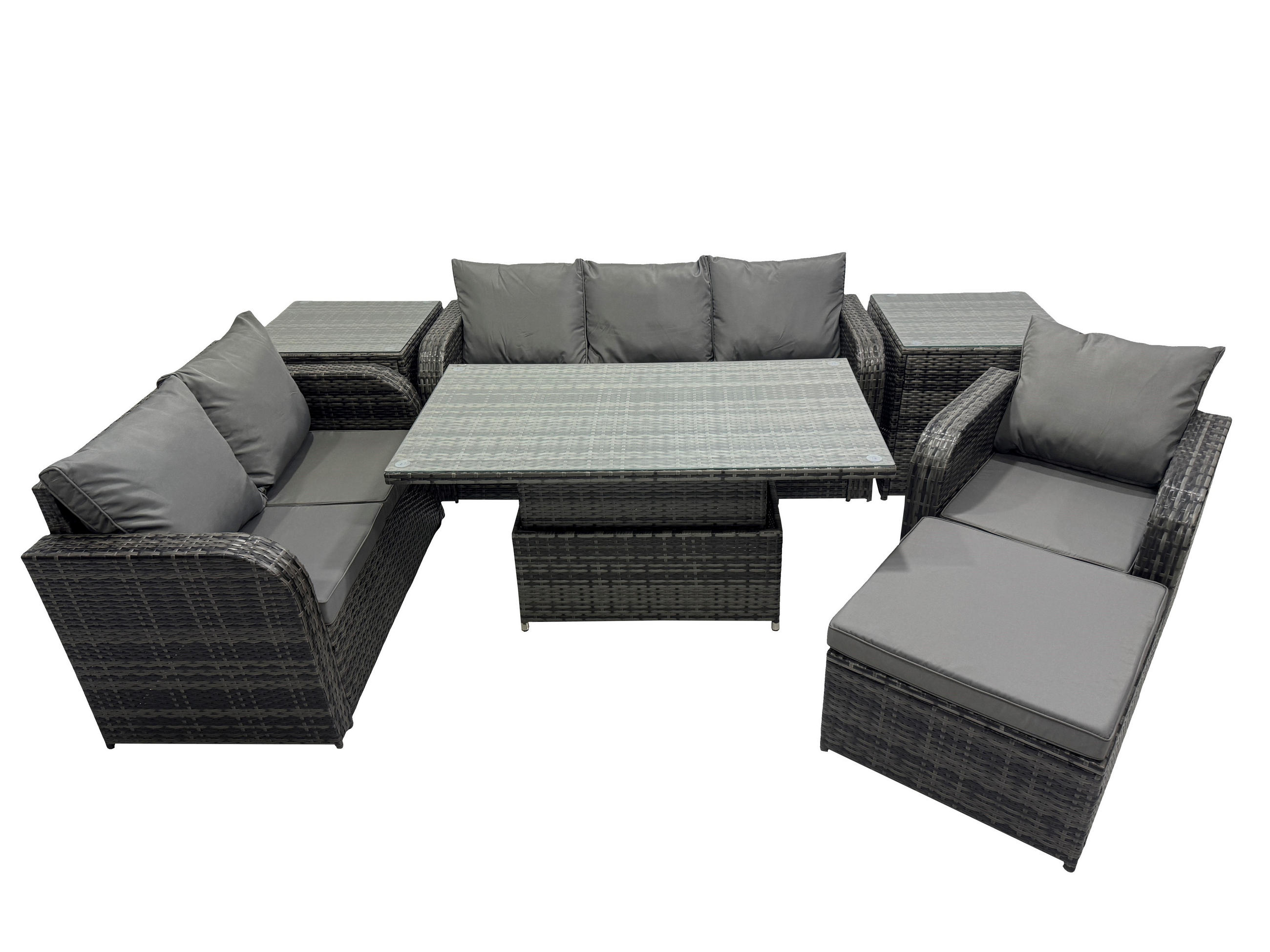 GARTENMÖBEL SET mit Höhenverstellbarer Esstisch 7-Sitzer Grau - Dunkelgrau/Grau, Glas/Kunststoff - Fimous