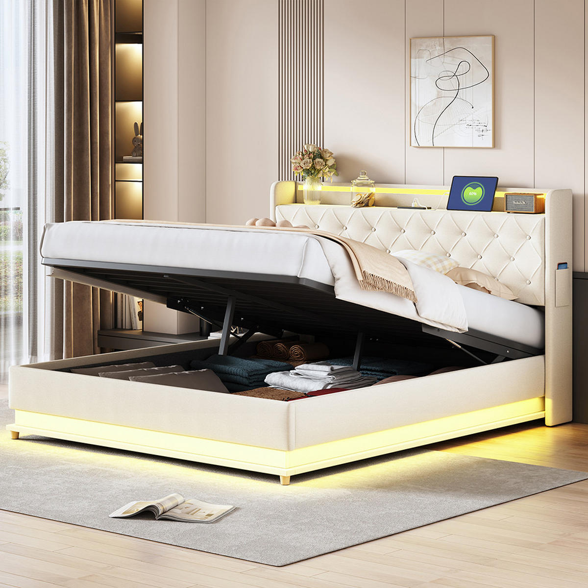 POLSTERBETT 160x200cm, mit USB-Ladeanschluss, Leinen , Beige - Beige, Textil/Metall (160/200cm) - KOMHTOM