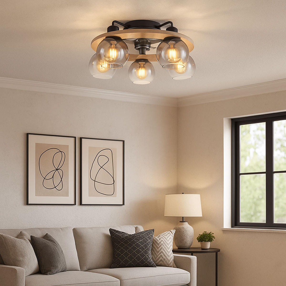 DECKENLEUCHTE NARINA Rauchglas Grau - Grau, Holz (55/55/21.5cm) - Globo Lighting