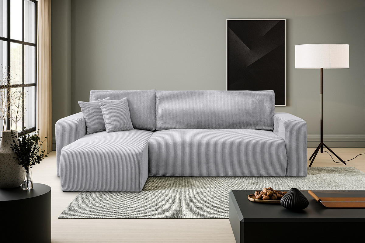 ECKSOFA LUNA mit Schlaffunktion und Bettkasten Cord-Stofff (Hellgrau) - Hellgrau, Textil (244/142cm) - VENASI MÖBEL