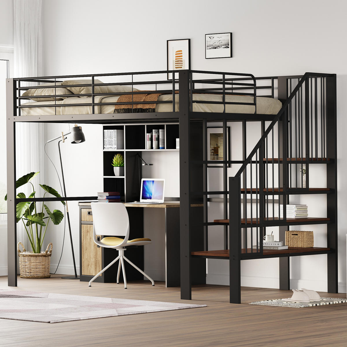 HOCHBETT 140/200 cm Schwarz Metall mit Stauraum und Treppe - Schwarz, Metall (140/200cm) - OKWISH