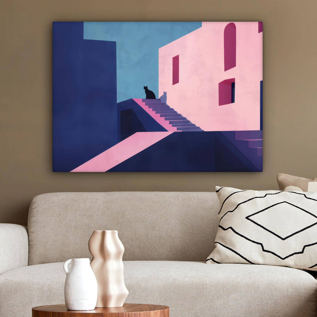 LEINWANDBILD Katze - Treppe - Gebäude - Schattenkontraste Wandbilder 80x60 cm - Dunkelblau, Textil (80/60cm) - MuchoWow