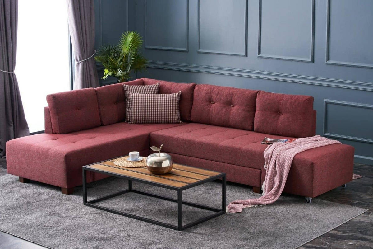 ECKSOFA mit rollbarer Schlaffunktion - Rot/Walnussfarben, Holzwerkstoff/Kunststoff (280/206cm) - myHomelando