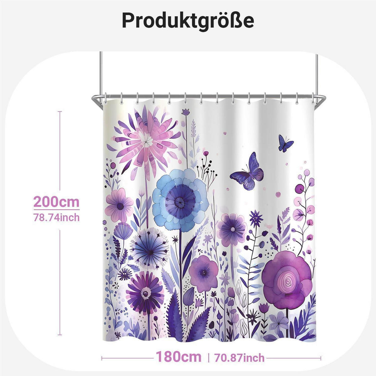 DUSCHVORHANG Lila Blume Schmetterling 180 x 200 cm - Multicolor, Textil (180/200cm)