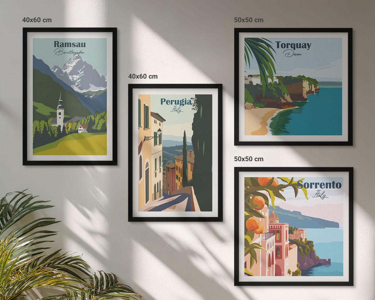 BILDER SET 4er Set - 50x50 cm & 40x60 cm Schwarzer Rahmen - Berglandschaften und Städte - Schwarz, Kunststoff (50/50cm) - TULUP