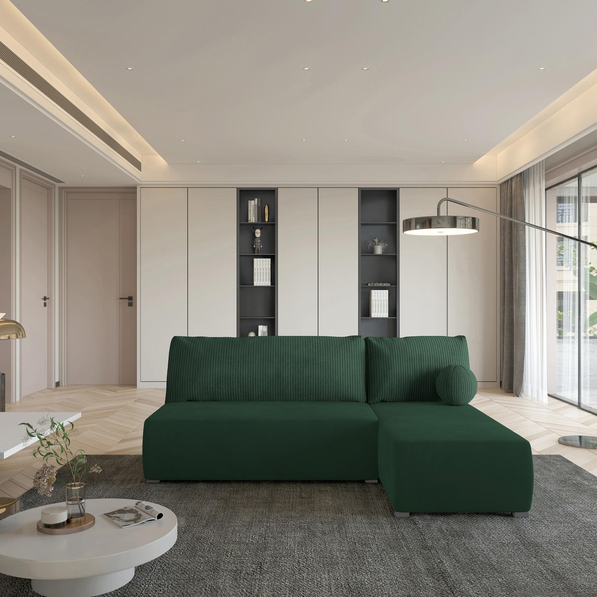 ECKSOFA PARVELO Grün Plüsch-Stoff mit Schlaffunktion - Grün, Holz (200/143cm) - MASSENO