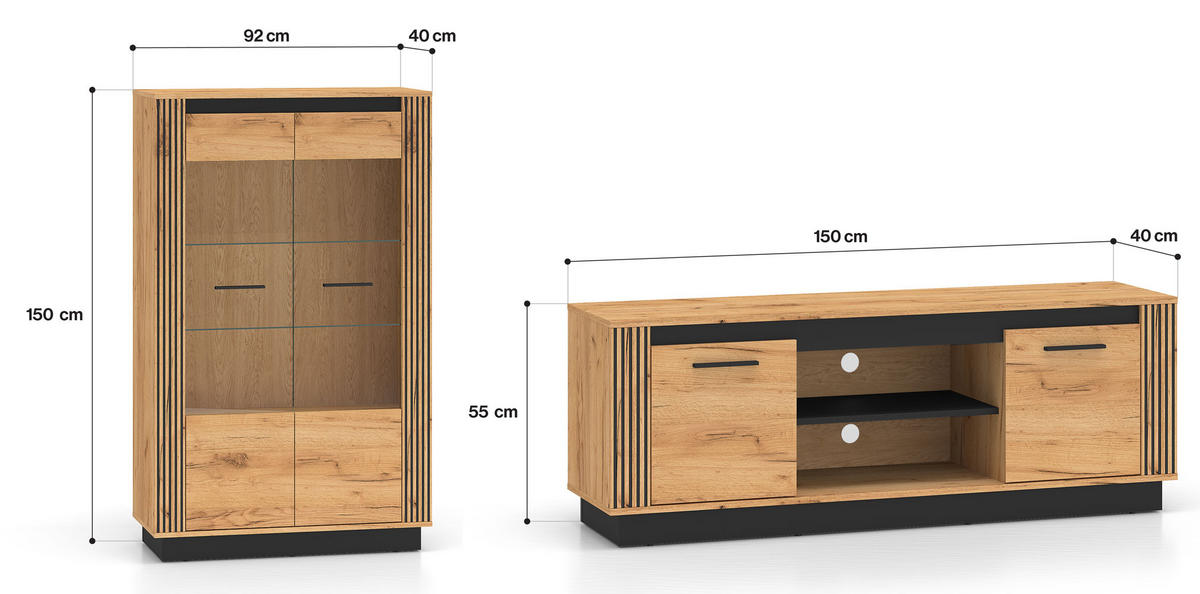 WOHNZIMMER-SET Urso 2-teilig Gold Craft Eiche / Schwarz - Eichefarben/Schwarz, Holz/Holzwerkstoff (242/141/40cm) - Feldmann-Wohnen
