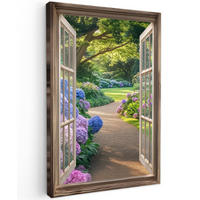 LEINWANDBILD Aussicht - Garten - Fenster - Hortensie - Blumen 90x140 cm - Pastellblau, Textil (90/140cm) - MuchoWow