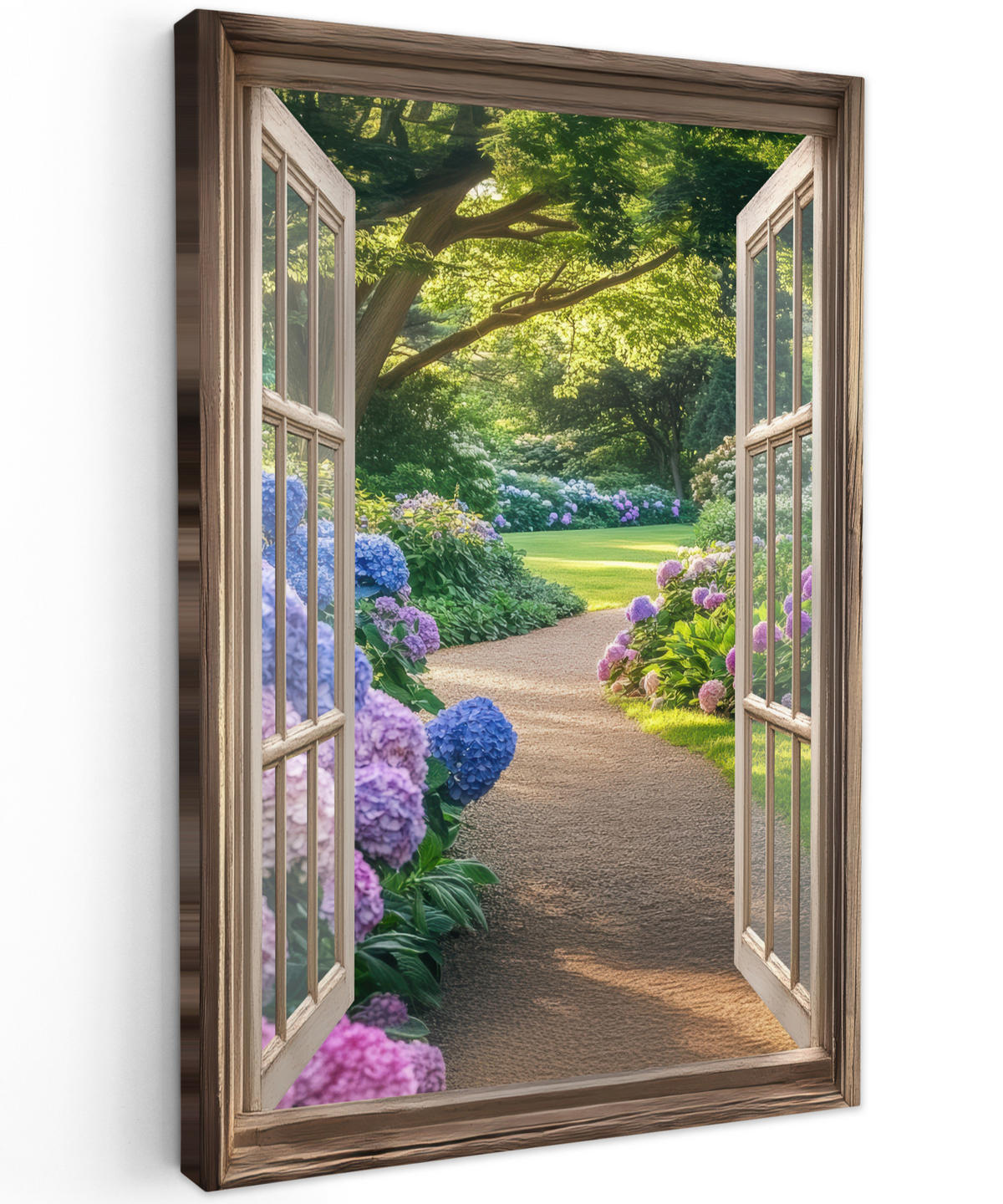 LEINWANDBILD Aussicht - Garten - Fenster - Hortensie - Blumen 90x140 cm - Pastellblau, Textil (90/140cm) - MuchoWow