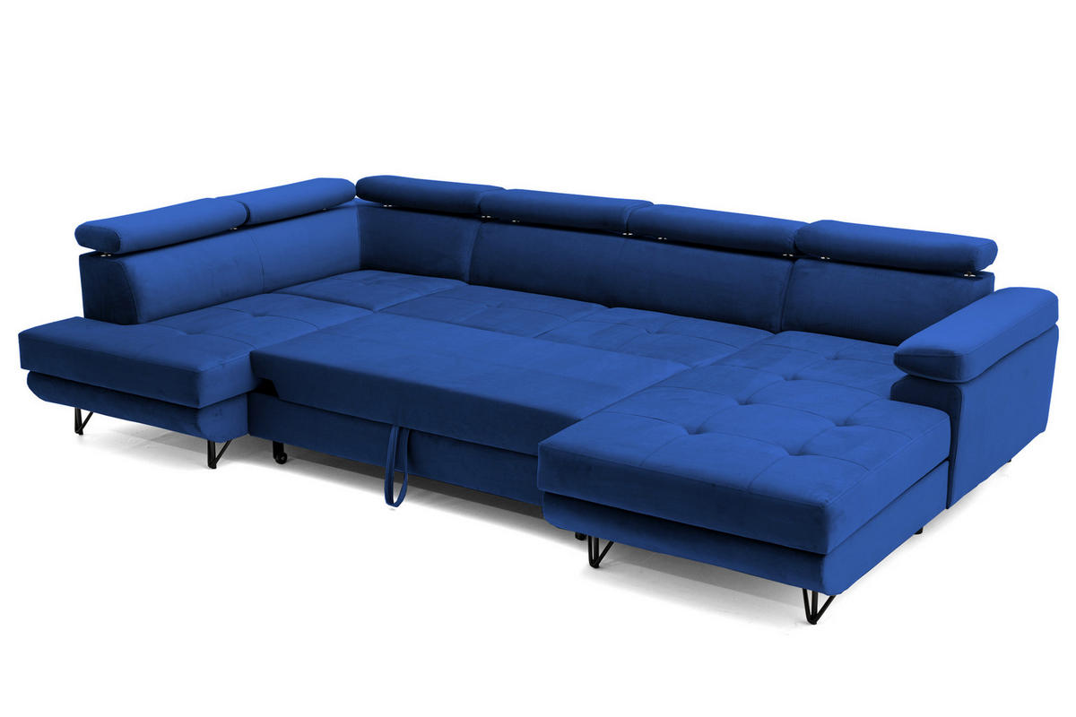 ECKSOFA U-Form JUNIOR U Links mit Schlaffunktion 128x254 Velours Blau - Blau/Schwarz, Holz/Textil (323/90/184cm) - Muffo