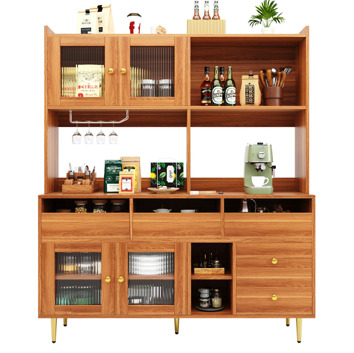BUFFET 145/39/171 cm in Walnussbraun mit Changhong-Glastür und Weinregal - Walnussfarben, Holzwerkstoff (39/171/145cm) - Flora Grace