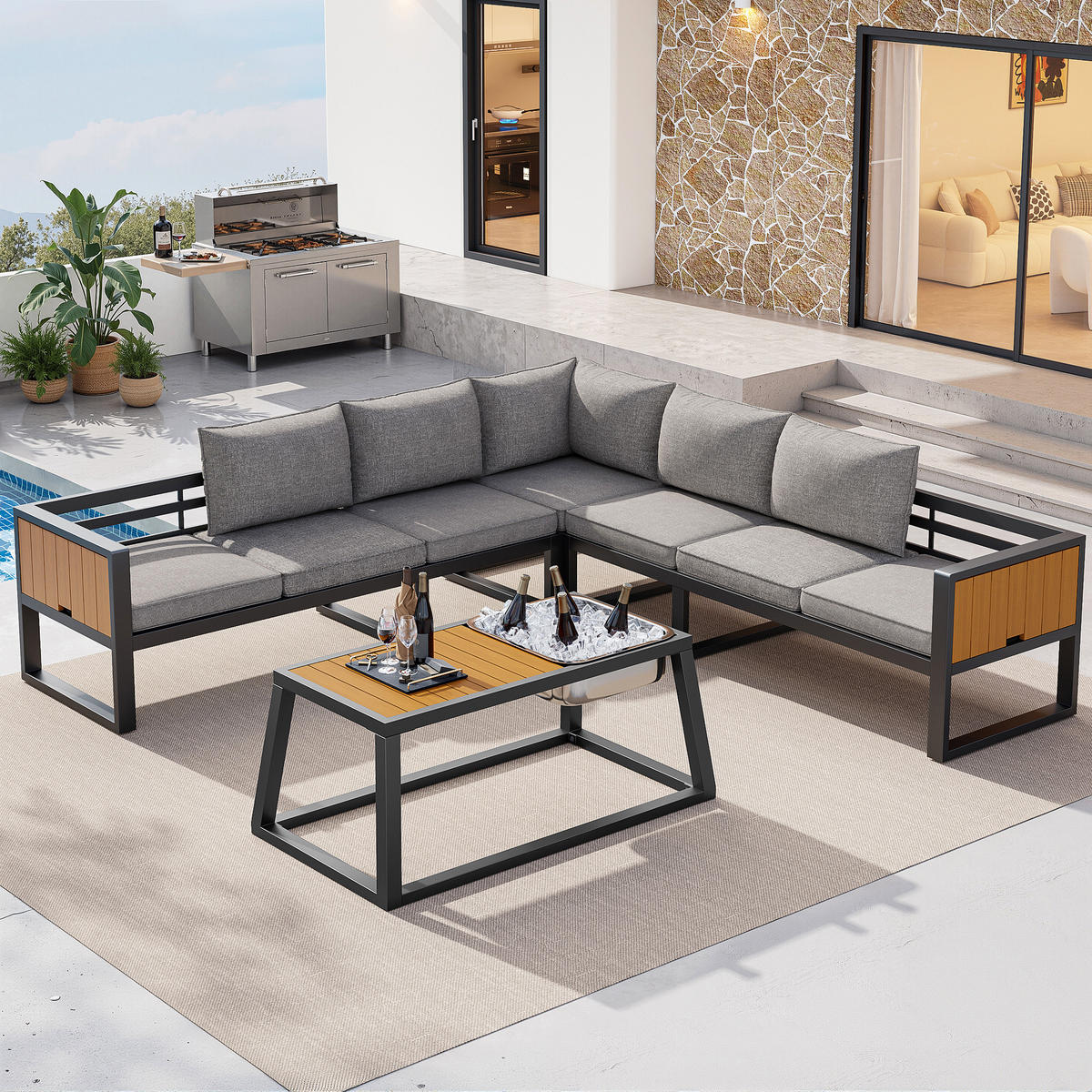 MODULARES OUTDOOR-SOFA-SET Grau/Beige - Grau, Metall - ComfortXL