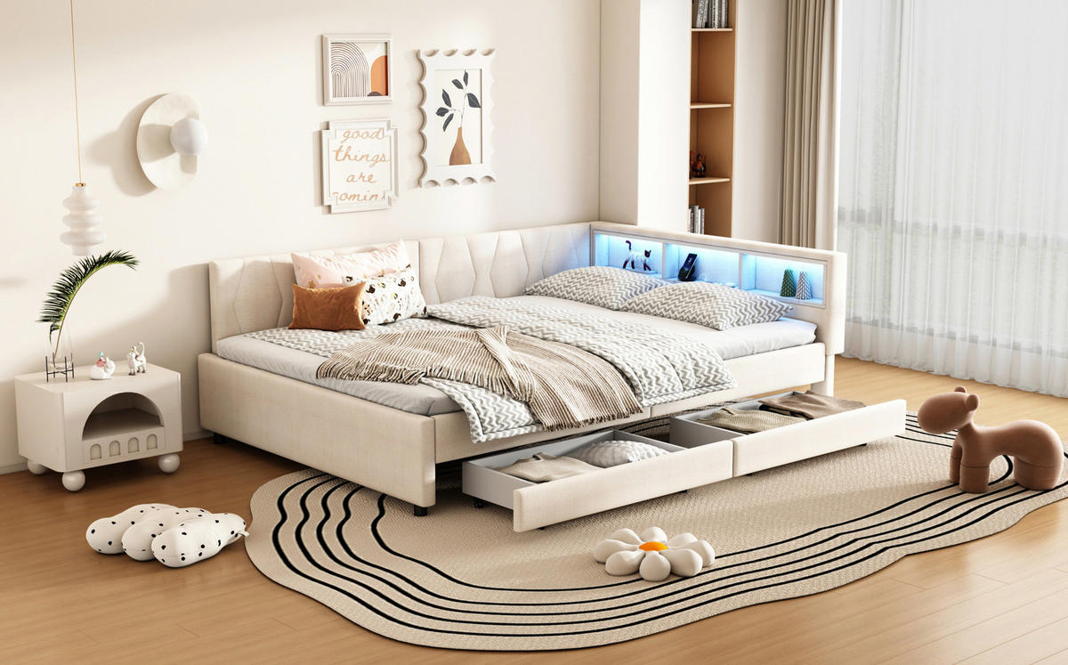 POLSTERBETT 140/200 cm Beige aus Leinen und MDF mit LED-Beleuchtung und Stauraum - Beige, Textil (140/200cm) - OKMYHOME
